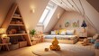 © Ziyan - house beautiful design creative ideas with contemporary kid children playroom bedroom area easy and cosy design wooden decorative material element home interior daylight,ai generate