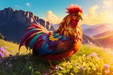 Fototapeta Zwierzęta - AI generated illustration of A vibrant cock in a lush green with a blurry background
