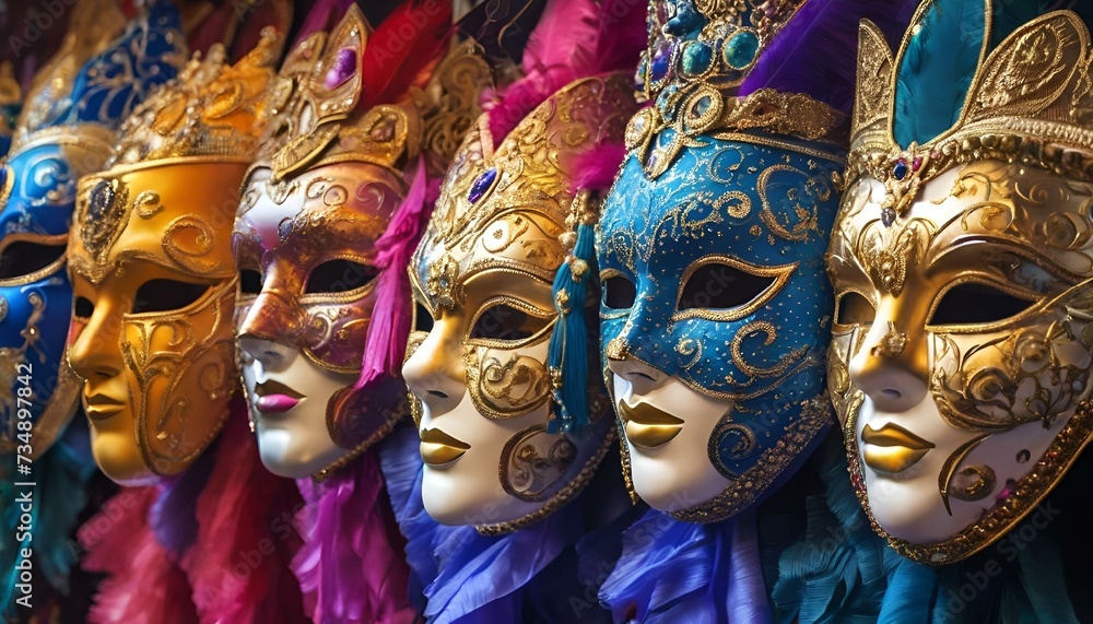 AI generated illustration of A vibrant collection of carnival masks ...