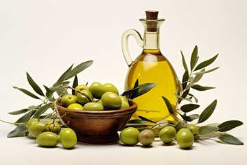 Wall Mural - glass bottle of olive oil with olive photography concept on studio background