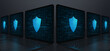 Laptop devices forming an angle with a Digital Shield icon on their screens on a dark background. Realistic rendering.
