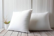 AI Generated Illustration Of Two White Pillows On A Wooden Floor With A Ceramic Vase Beside Them