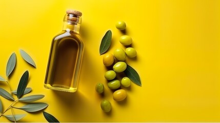 Wall Mural - top view of fresh olives and olive oil bottle 