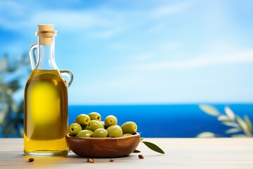 Wall Mural - olive oil bottle with green olives background with copy space