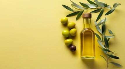 Wall Mural - olive oil bottle with green olives background with copy space