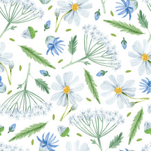 Watercolor Chamomile, Yarrow And Cornflower Seamless Pattern