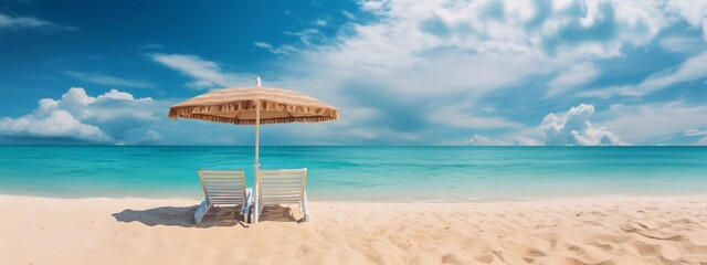  Wooden lounge chairs and eco sun umbrella on beautiful tropical beach. Empty banner beach scene for summer vacation sea shore