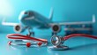 An airplane model on a suitcase and a red stethoscope on a blue background depict a medical tourism and travel insurance concept.