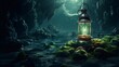 Large stones covered with algae are illuminated by a lantern in the dark sea. Photo wallpaper. TV frame. Discover the beauty of earth