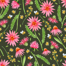 Watercolor Pink Coneflowers, Clovers And Bees Seamless Pattern On Dark Background