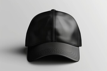 Wall Mural - Explore a premium black baseball cap mockup in a frontal perspective, featuring detailed texture and shadowing for a realistic look. Perfectly isolated on a PNG transparent background, this mockup is 