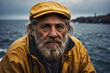Close-up portrait of an old sailor with white mustache and beard wearing yellow weatherproof raincoat and hat in front of a wavy sea. Generative AI illustration.
