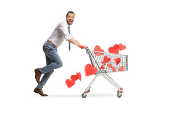 Sticker - Man in love running with hearts in a shopping cart