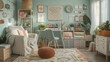 Cozy crafting space with soft pop colored storage and decor