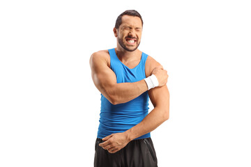 Poster - Male athlete in pain holding his shoulder