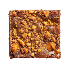 Wall Mural -  top view of a coffee crunch brownie, featuring crunchy toffee bits and a caramelized finish,  placed on the white floor in food photography style isolated on a white background