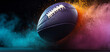 © Roman - Banner. Dynamic shot of American Football ball flying from colorful dust in motion against black background with negative space to insert text