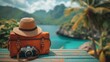 A vintage suitcase, hipster hat, photo camera, and passport are displayed on a wooden deck. Tropical sea, a beach, and palm trees are in the background. This banner is a concept design banner for