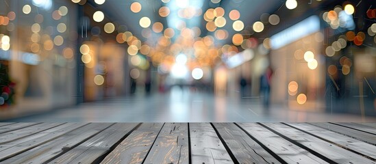 Wall Mural - empty wooden table poised as perfect stage for showcasing products background is blur of bustling co