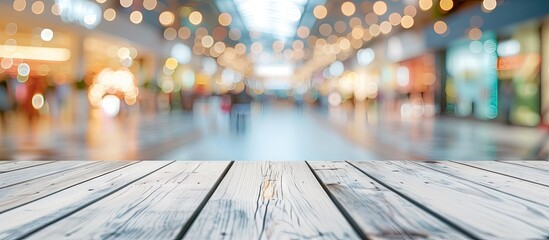 Wall Mural - empty wooden table poised as perfect stage for showcasing products background is blur of bustling co