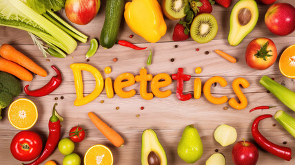 Wall Mural - Dietics title text food lettering, made from pepper with different fruits and vegetables around, on wooden table