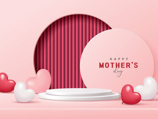 Wall Mural - Mother's day banner for product demonstration. White pedestal or podium with heart-shaped balloons on pink background.