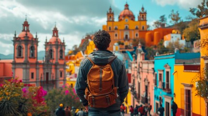 man visiting colorful historic center.