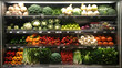 A variety of fresh vegetables, herbs and fruits are arranged in the supermarket's vegetable freezer.