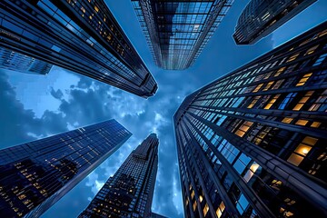 Poster - Towering skyscrapers reaching towards clear blue sky modern design of tall structures reflects dynamic nature of urban financial districts glass facades of corporate offices glimmer with reflections