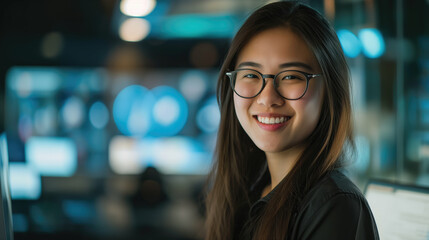 Asian female cybersecurity analyst smiling at camera, with security monitors in the background. Generative AI.