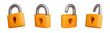 Yellow cartoon padlocks set 3d illustration. Locked and unlocked isolated locks with keyhole collection on transparent background
