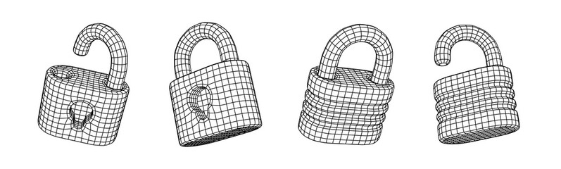 Black cyber lock icons. Padlocks 3d mesh grid. Vector illustration design elements set on transparent background.