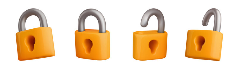Yellow cartoon padlocks set 3d illustration. Locked and unlocked isolated locks with keyhole collection on transparent background