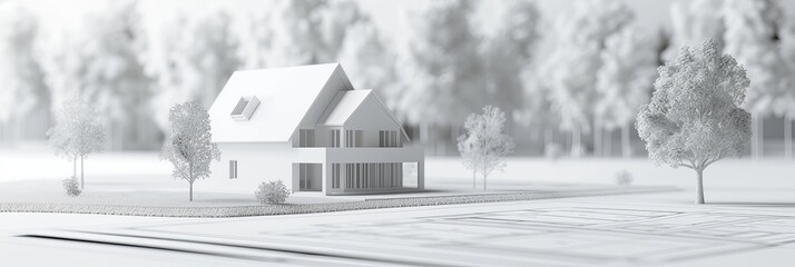 An architectural and landscape model of a house in three dimensions. 3D rendering