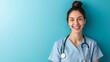 Friendly nurse isolated against a blue background using stethoscope