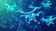 Futuristic Drone Technology Abstract. Digital wireframe of drones flying with a blue neon glow. Digital low poly 3D drone flying in the future