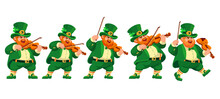 Set Of Funny Musicians Violinists In Leprechaun Costumes. People With Violins. Cartoon Characters Are Isolated On White. Illustration For St. Patricks Day, An Irish Holiday. Vector.