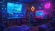 Interior of a room set up for nighttime video game streaming. A cartoon dark house with a gaming computer and headphones, TV mounted on the wall, a console with a gamepad, and a bright neon joystick