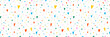 Hand drawn simple sprinkle seamless pattern. Bright color confetti, hearts on white background. Vector Illustration for holiday, party, birthday, invitation.