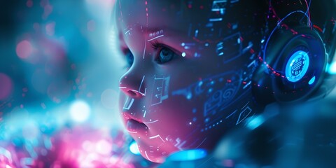 Wall Mural - futuristic cyber baby with glowing circuits, technology and innocence combined in vivid imagery. ai