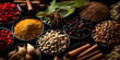 Spices and herbs as background, top view. Food ingredients for cooking