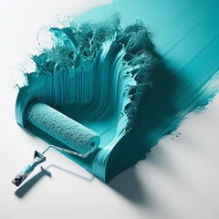 Wall Mural - Vibrant Teal Paint Roller Applying Glossy Paint on White Surface, Creating Dynamic and Fluid Strokes