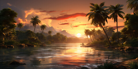 Wall Mural - Beautiful sunset over the sea and palm trees. 3d render