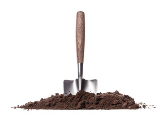 a shovel in dirt with a wooden handle