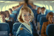 © Wirestock - AI generated illustration of a woman in blue suit surrounded by people inside an airplane