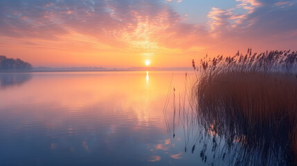 Wall Mural - An image of a serene lake at sunset, where the undisturbed water reflects the warm hues of the sky, creating a peaceful and calming scene.