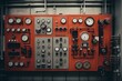 © aicandy - An intricate boiler control panel with numerous buttons, switches, and dials, set against the backdrop of a bustling industrial environment