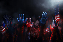 AI Generated Image Raised up red and blue painted hands USA election concept