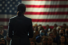 AI Generated Image Back View On Female Presidential Candidate On At The Meeting With People USA Election Concept