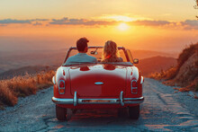 Romantic Sunset Road Trip In Vintage Convertible Generative AI Image